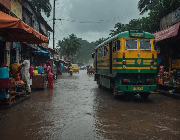 Foto un autobús está conduciendo a través de una calle inundada