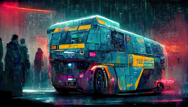 Autobús cyberpunk con ilustración de arte conceptual de personas