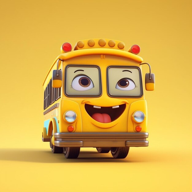 Un autobús de dibujos animados con una gran sonrisa y una gran sonrisa en el frente.