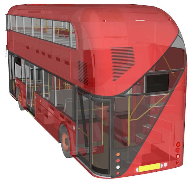 Un autobús de dos pisos, una carcasa translúcida debajo de la cual se ven muchos elementos interiores y partes internas del autobús. Representación 3D.