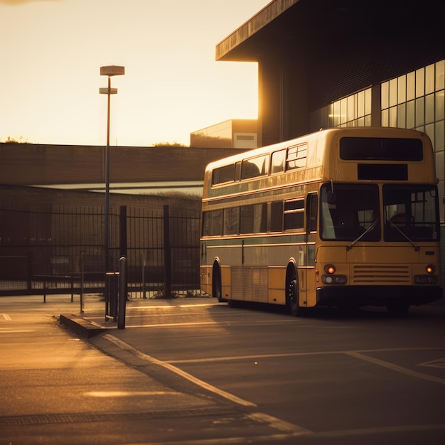 Autobús de dos pisos estacionado en la estación de autobuses al atardecer creado con tecnología de IA generativa