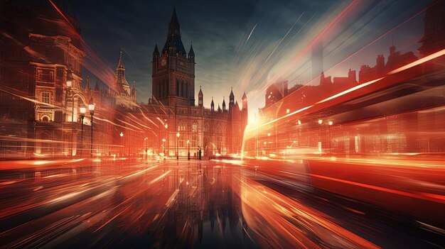 El autobús de dos pisos de Londres en el estilo de los deslumbrantes paisajes urbanos