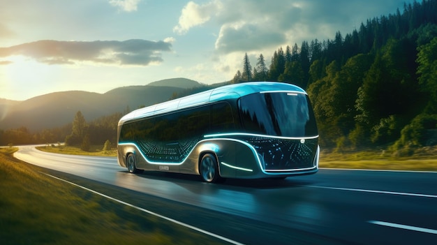 Autobús eléctrico autónomo futurista conduciendo en una autopista abierta con un hermoso fondo natural