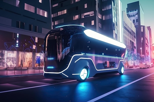 Autobús eléctrico futurista en la calle de la ciudad futurista con anuncios holográficos y drones voladores