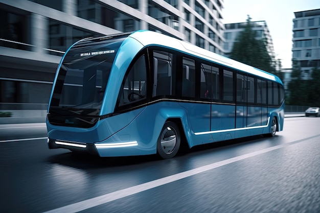 Autobús eléctrico futurista con un diseño elegante que acelera por la calle de la ciudad futurista