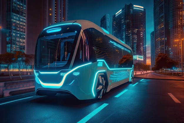 Autobús eléctrico futurista que conduce a través de una ciudad futurista con imponentes rascacielos