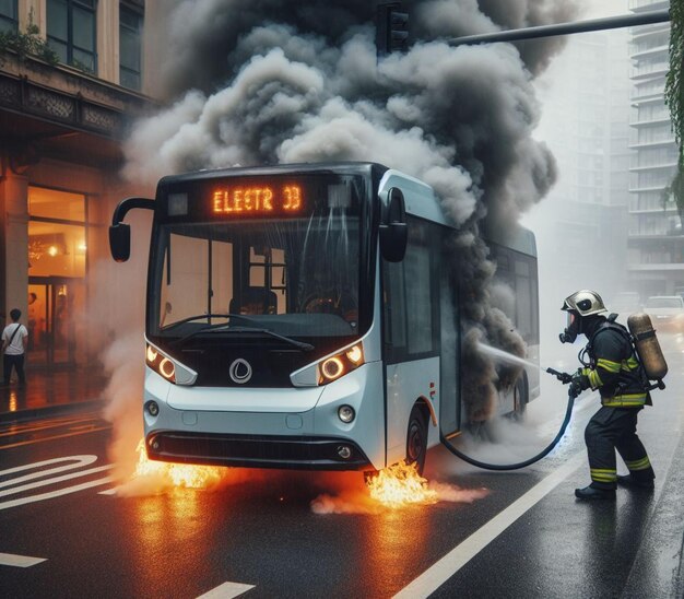 El autobús eléctrico híbrido quema el chasis inferior. Los bomberos aplican espuma para apagar las llamas.