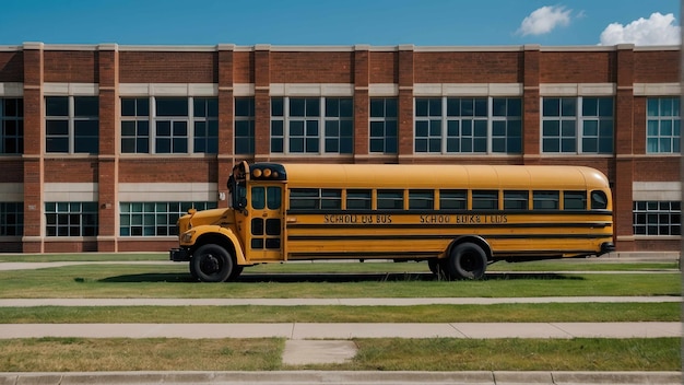 Autobús escolar amarillo estacionado frente a la escuela