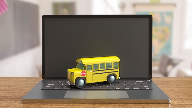 El autobús escolar en la computadora portátil para la representación 3d del concepto de aprendizaje electrónico
