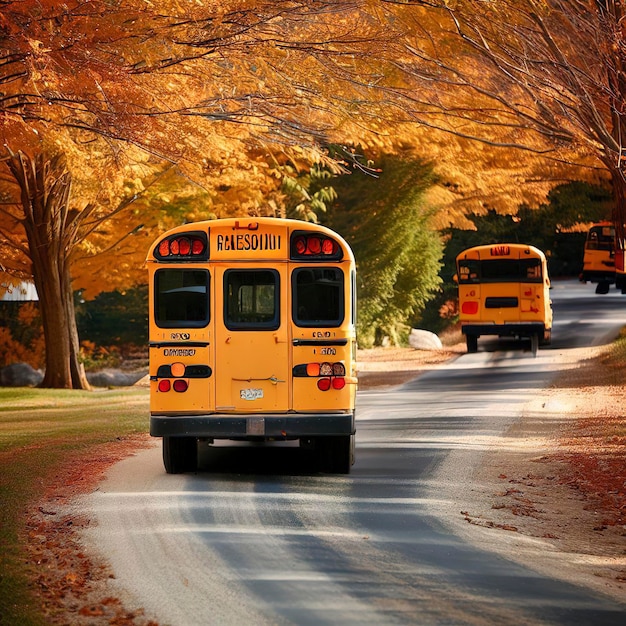 El autobús escolar conduce por una carretera rural en otoño