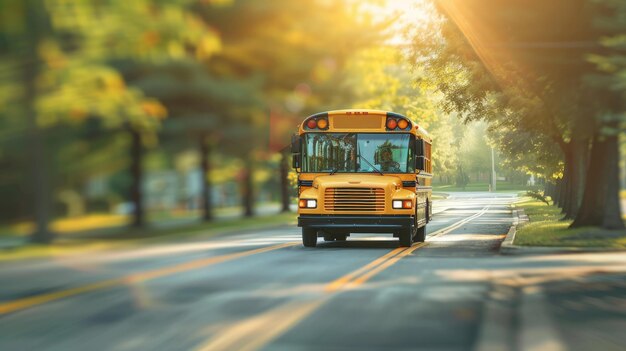 Foto autobús escolar conduciendo por una carretera suburbana iluminada por el sol