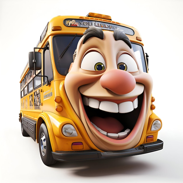 Autobús escolar de dibujos animados en un fondo blanco renderización 3D