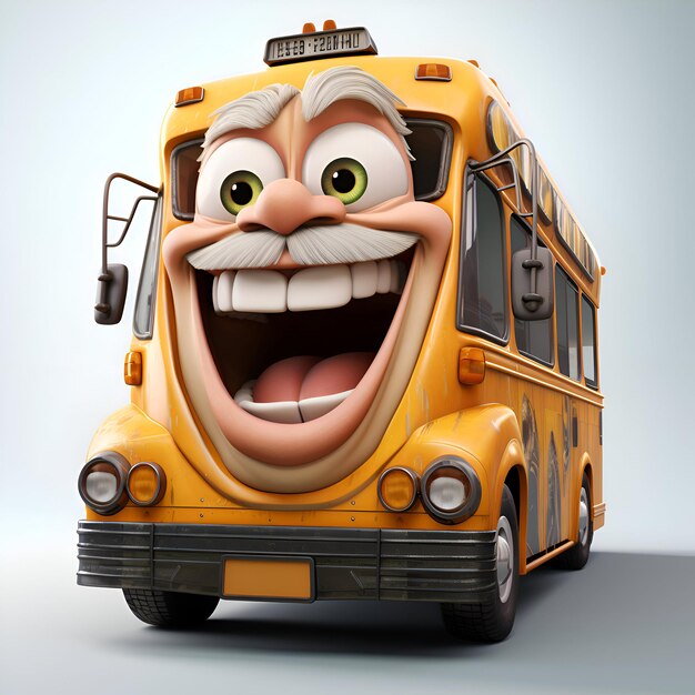 Foto autobús escolar de dibujos animados en un fondo gris renderización 3d