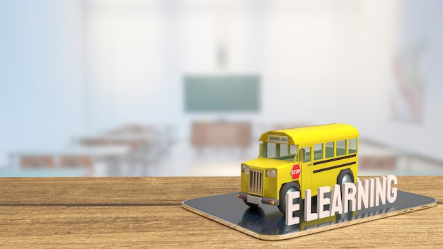 El autobús escolar en tableta para concepto de e-learning render 3d