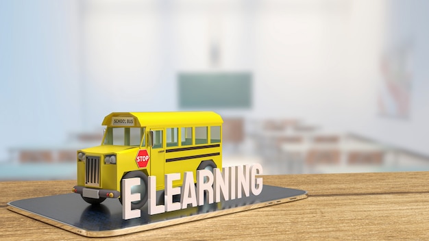 El autobús escolar en tableta para concepto de e-learning render 3d