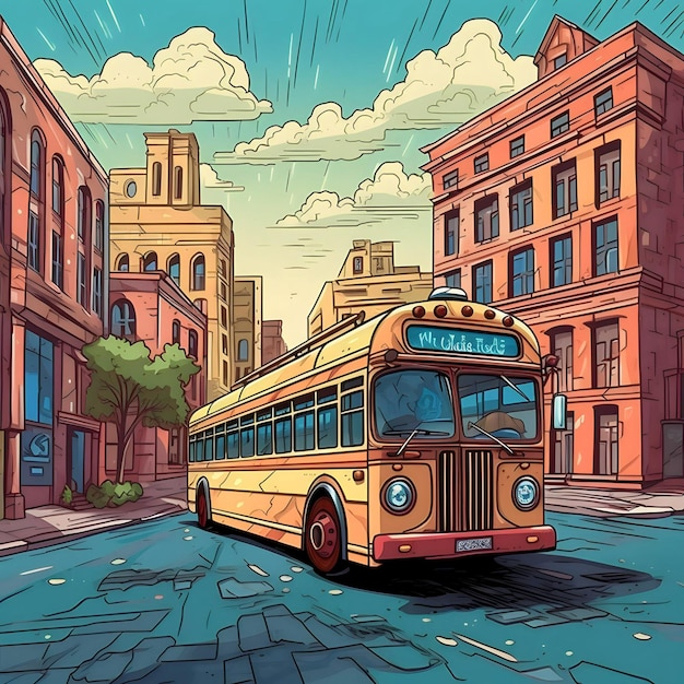 Autobús y escuela en estilo de dibujos animados