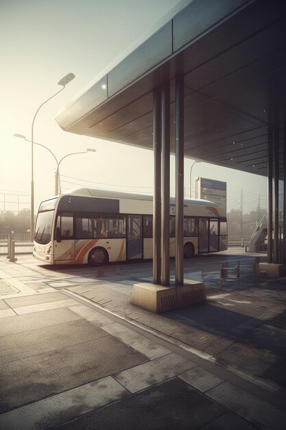 Autobús estacionado en la estación de autobuses creado con tecnología de IA generativa