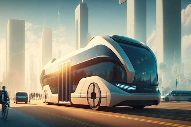 Un autobús futurista en una carretera con un paisaje urbano al fondo.