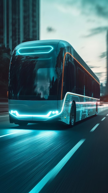 Autobús futurista de dos pisos El concepto de transporte autónomo IA generativa