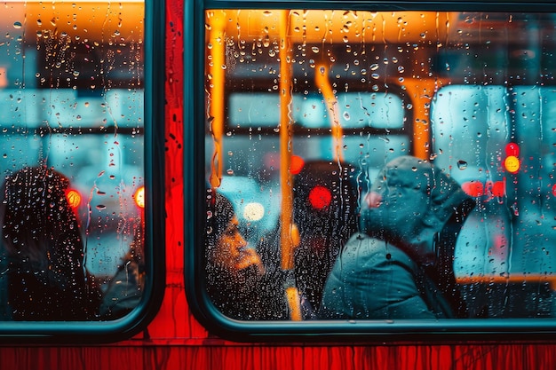 Foto un autobús con gotas de lluvia en la ventana y una pareja besándose