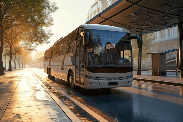 Foto autobús interurbano de lujo es la salida de la estación de autobuses