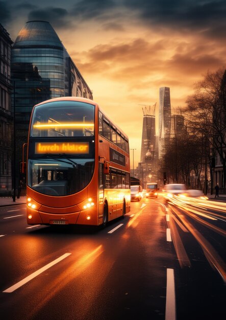 El autobús moderno está transportando pasajeros en la ciudad con larga exposición al atardecer Generative Ai