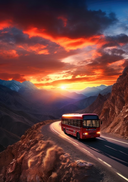 El autobús moderno está transportando pasajeros en las montañas con la puesta de sol en vacaciones Generative Ai