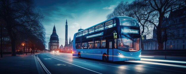 El autobús moderno está transportando pasajeros durante la noche en la bandera de vacaciones Generative Ai