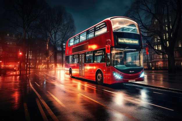 El autobús moderno está transportando pasajeros durante la noche en vacaciones Generative Ai