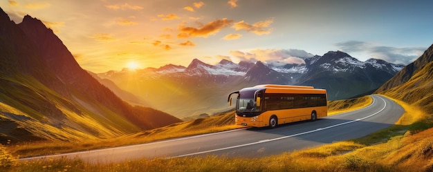 Foto el autobús moderno está transportando pasajeros en las montañas con la puesta de sol en la bandera de vacaciones generative ai