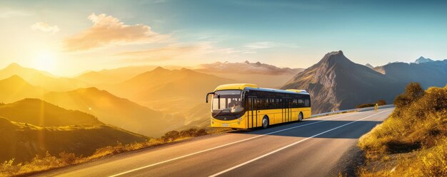 Foto el autobús moderno está transportando pasajeros en las montañas con la puesta de sol en la bandera de vacaciones generative ai