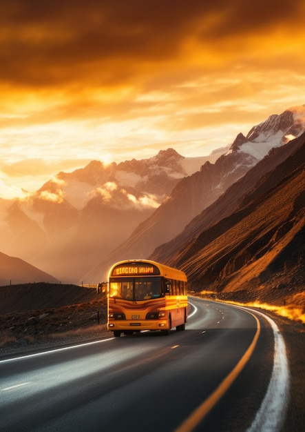 Foto el autobús moderno está transportando pasajeros en las montañas con la puesta de sol en vacaciones generative ai