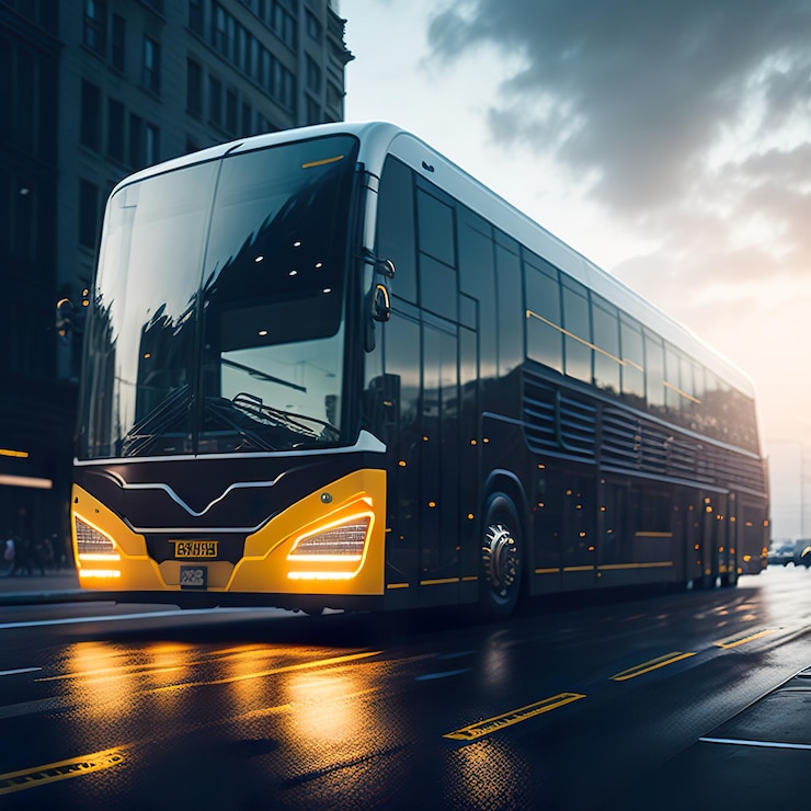 Foto un autobús negro y amarillo con la matrícula número 818.