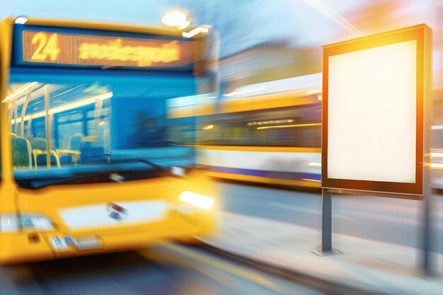 Un autobús pasa por un cartel publicitario en blanco en una bulliciosa calle de la ciudad al crepúsculo