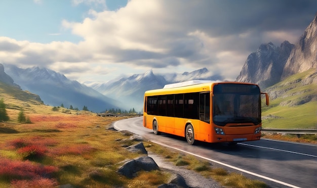 Autobús de pasajeros en la carretera contra un fondo montañoso