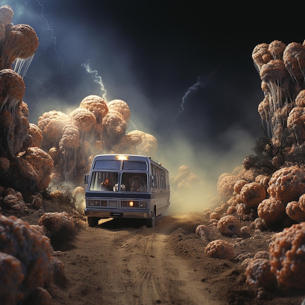 un autobús que circula por un desierto.