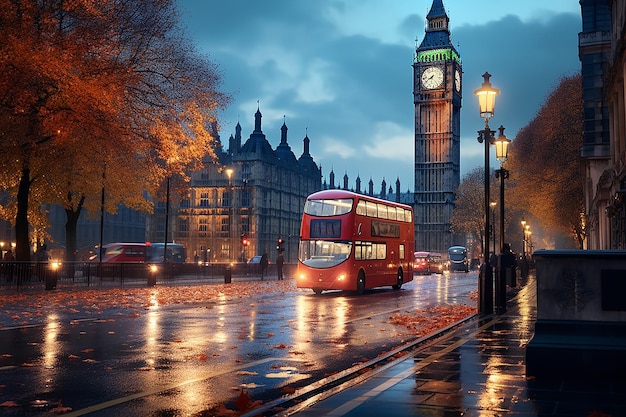 Autobús rojo en la calle de la ciudad con la torre del reloj Big Ben de fondo en Londres por la noche