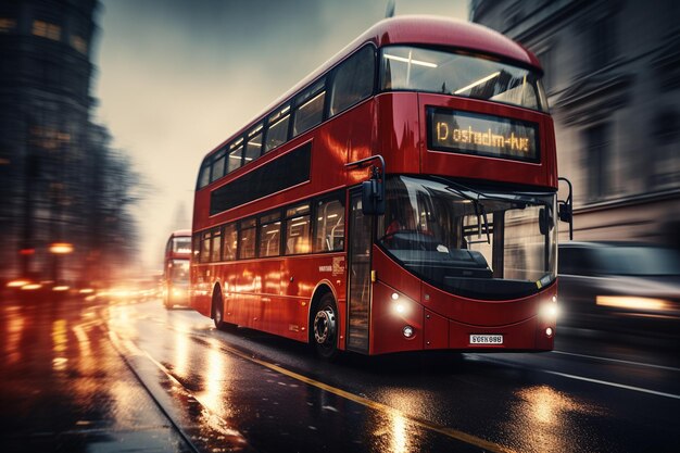 Autobús rojo de dos pisos en la carretera de Londres al atardecer