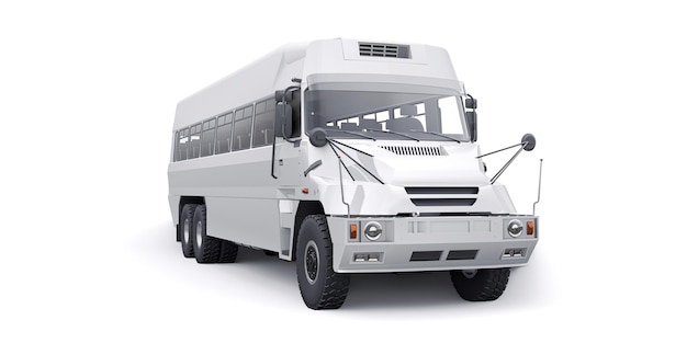 Autobús para el transporte de trabajadores a zonas de difícil acceso. Ilustración 3D.