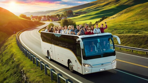 Foto autobús turístico blanco en la carretera en polonia concepto de viaje