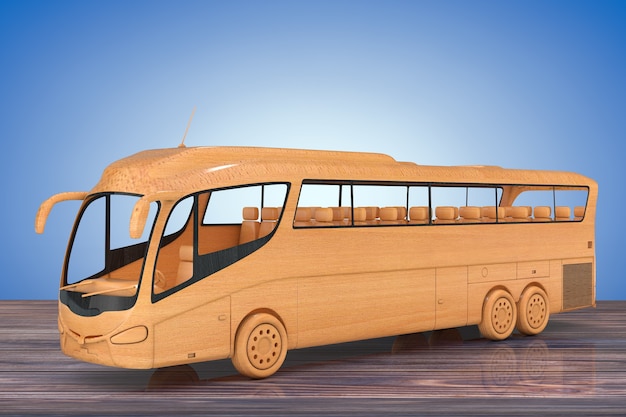 Autobús turístico de juguete de madera abstracta en una mesa de madera. Representación 3D.