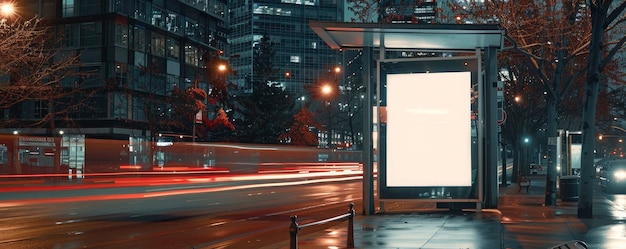 Un autobús urbano se detiene en un tablero digital blanco en blanco por la noche iluminado por las luces de la ciudad y rodeado de vehículos que pasan