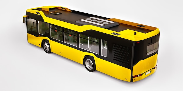 Autobús urbano mediano de color amarillo sobre un fondo blanco. Representación 3D.