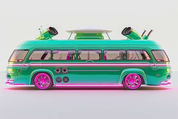 un autobús verde y rosa con una tabla de surf en la parte superior