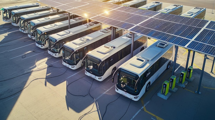 Autobuses eléctricos cargando bajo paneles solares