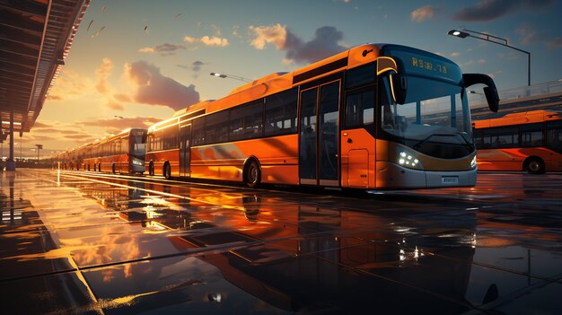 Autobuses urbanos Una línea de autobuses urbanos en un depósito de tránsito AI genera ilustración