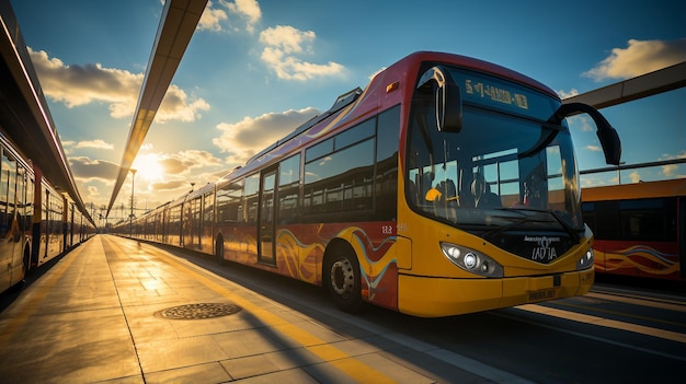 Autobuses urbanos Una línea de autobuses urbanos en un depósito de tránsito AI genera ilustración