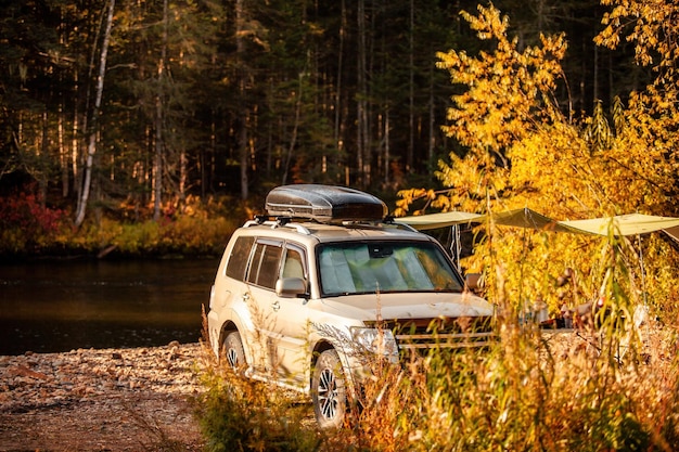 Autocamping im Herbstwald