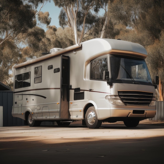 Autocaravana blanca con árboles en el fondo del bosque creada con tecnología de IA generativa