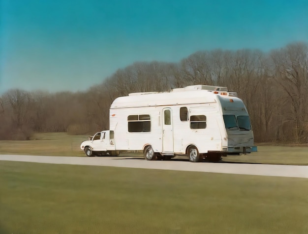 Una autocaravana blanca con la palabra rv al costado